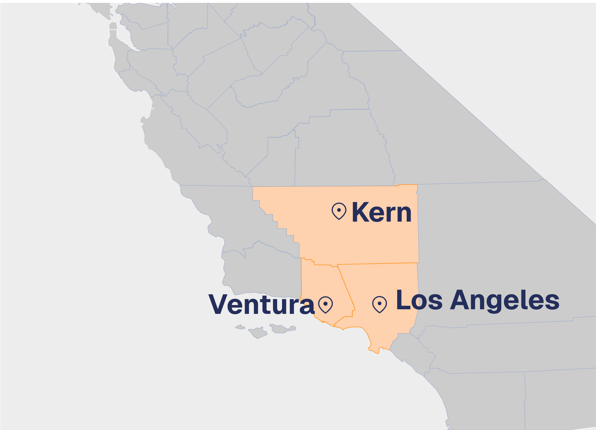Map of Los Angeles, Ventura, and Kern counties covered by Hornets Pest Solutions